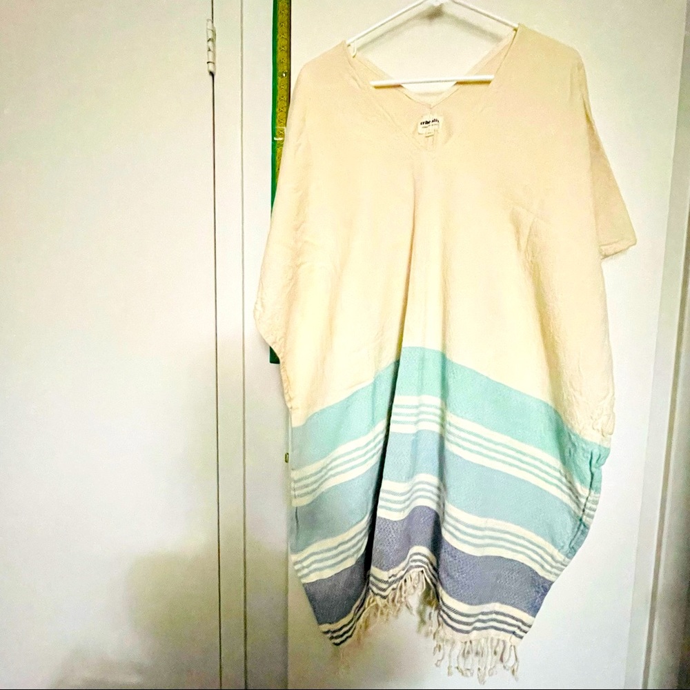 Handmade Tribe Alive striped fringed cotton beach cover up poncho shawl